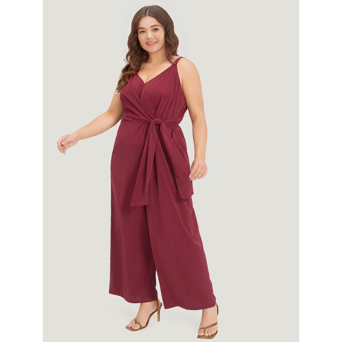 Plus Size Scarlet Plain Surplice Neck Twist Front Cami Jumpsuit Women Elegant Sleeveless Spaghetti Strap Dailywear Loose Jumpsuits BloomChic 12/L Product Image