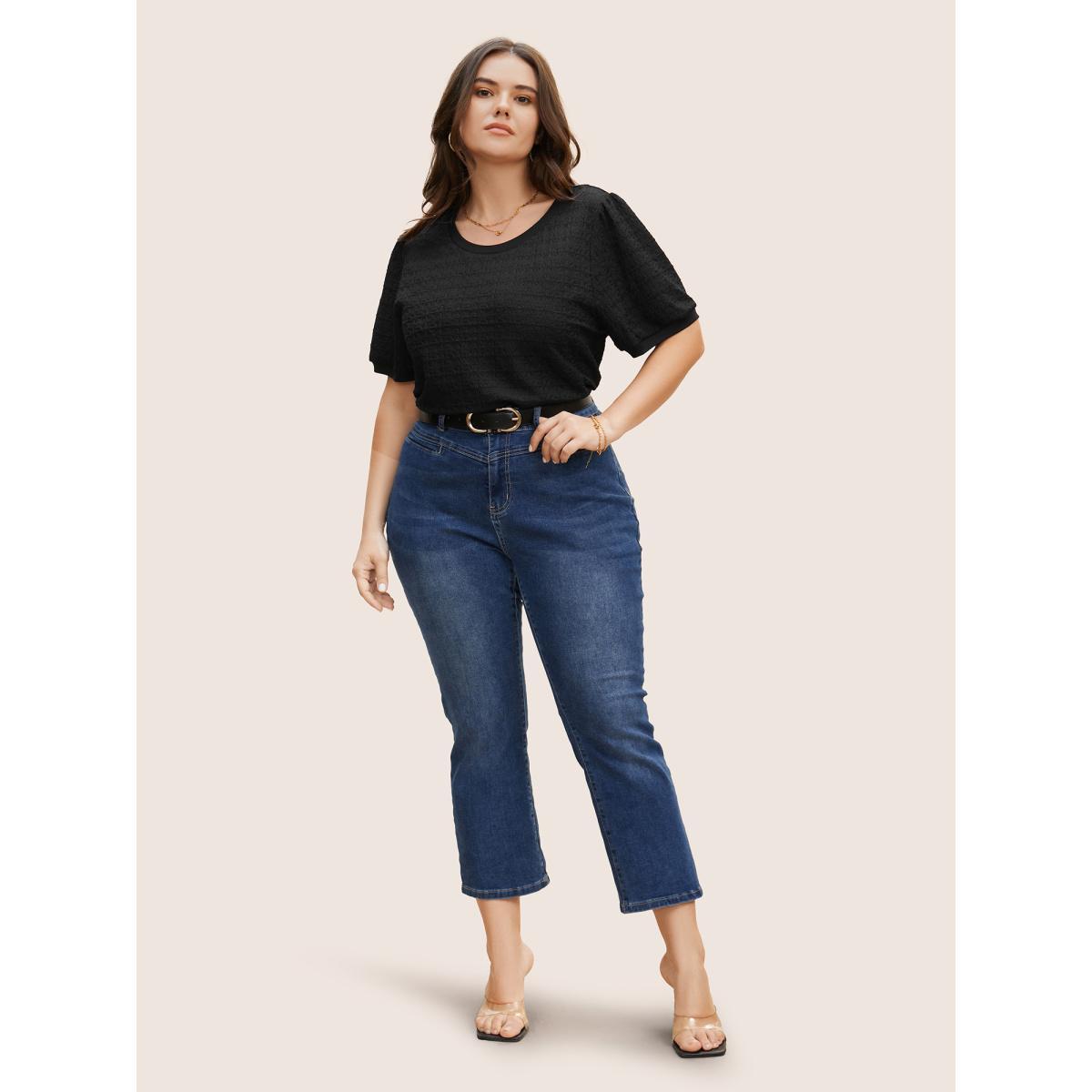 Plus Size Solid Textured Round Neck T-shirt Black Women Elegant Texture Round Neck Everyday T-shirts BloomChic 28/5X Product Image