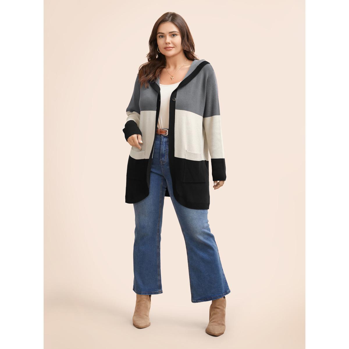 Plus Size Colorblock Contrast Patched Pocket Hooded Cardigan Mediumgray Women Casual Loose Long Sleeve Everyday Cardigans BloomChic 30/6X Product Image
