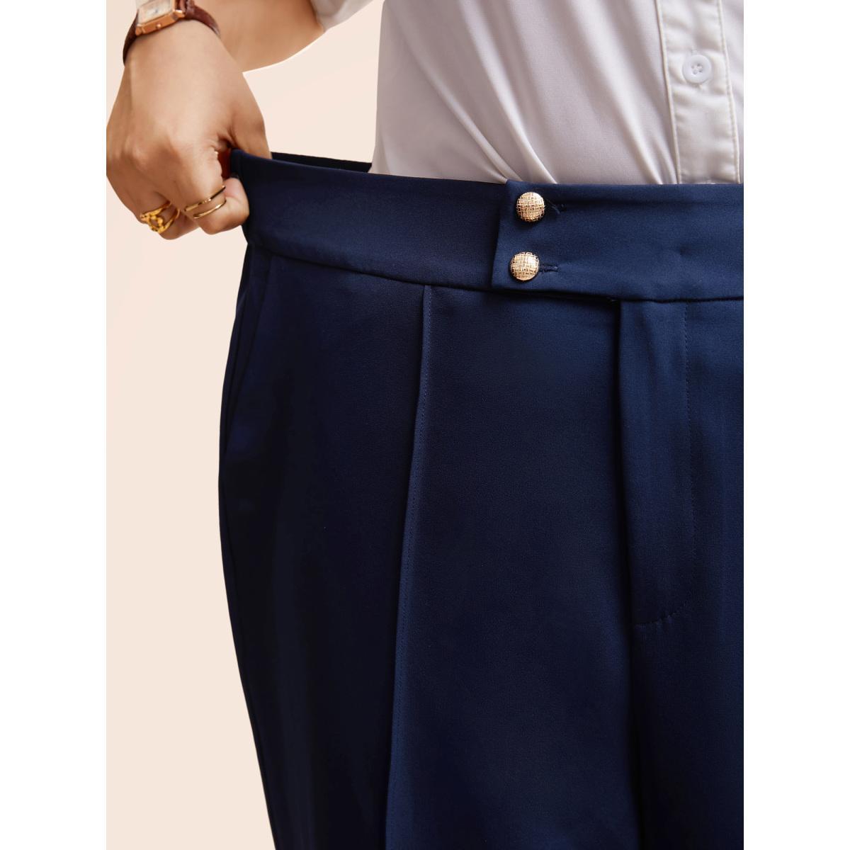 Plus Size Stretch Woven Metal Buckle Wide Leg Pants Women Indigo At the Office Wide Leg Mid Rise Work Pants BloomChic 30/6X Product Image