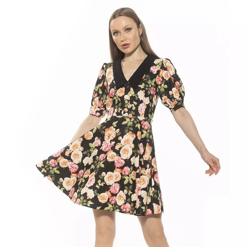 Women's ALEXIA ADMOR Carys Dropped Collar Puff Sleeve Fit And Flare Dress, Size: 6, Black Floral Product Image
