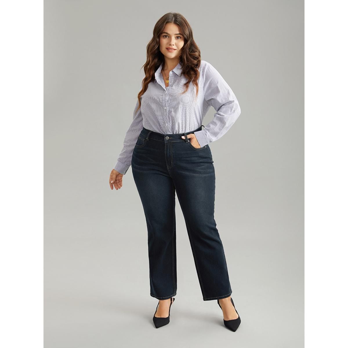 Plus Size Dark Wash Zipper Fly Straight Leg Jeans Women Midnight Casual Plain Plain High stretch Pocket Jeans BloomChic 22/3X Product Image