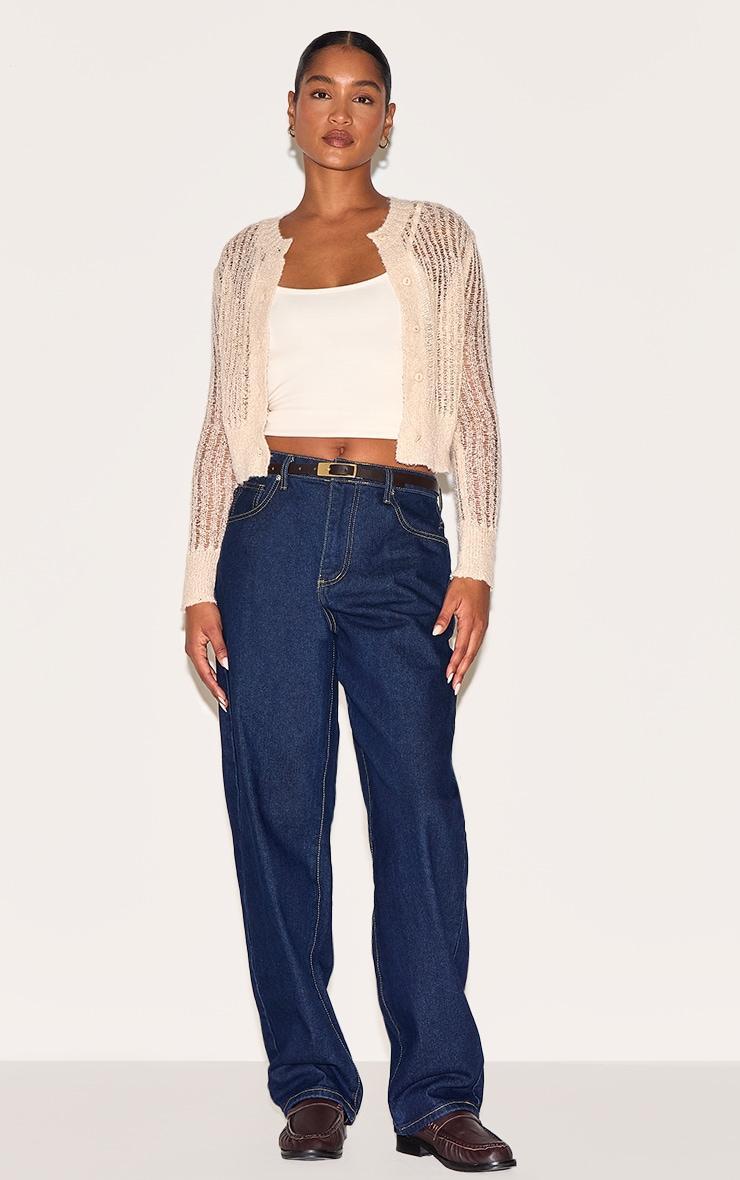 Oatmeal Ladder Knit Sheer Button Up Cardigan Product Image