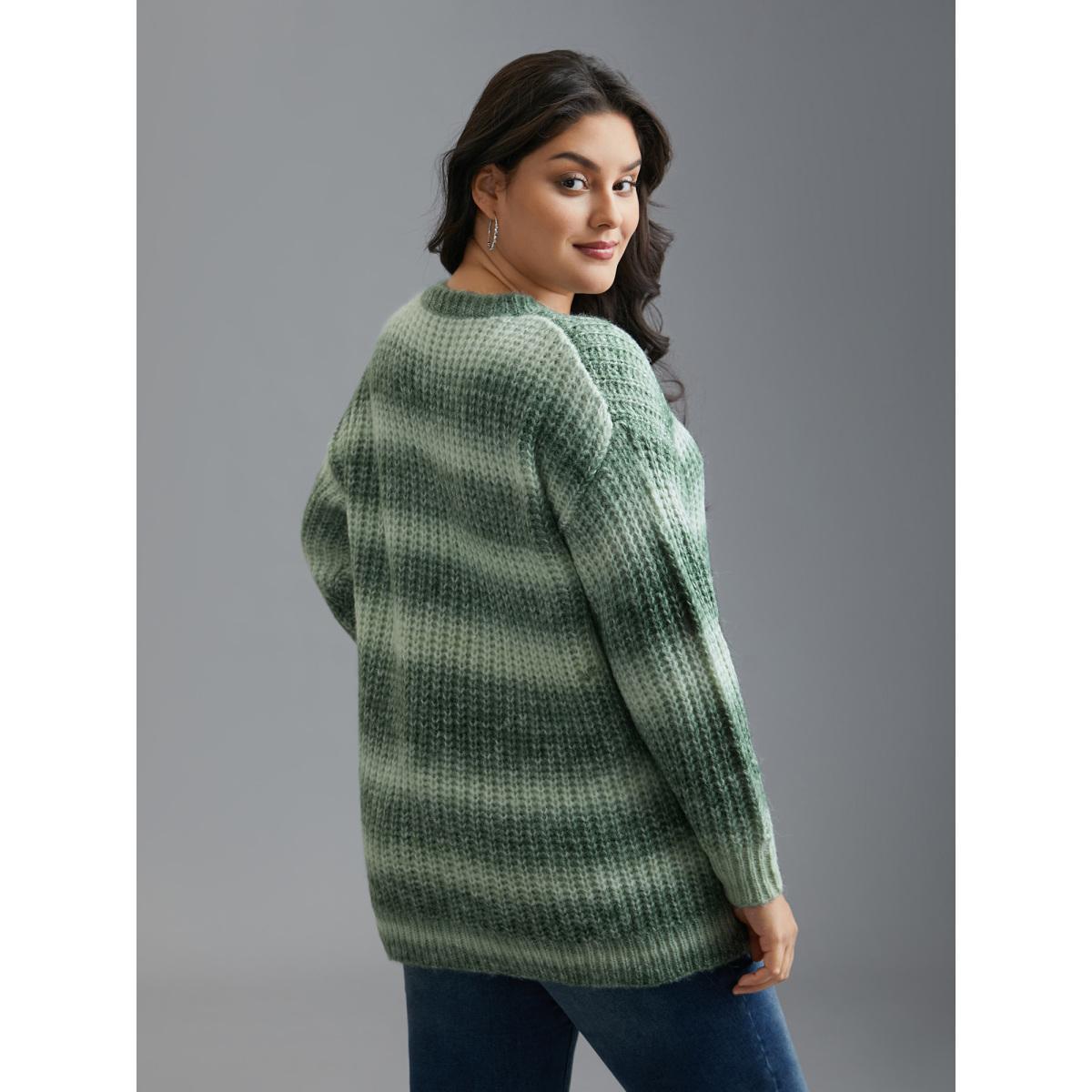 Plus Size Striped Ribbed Knit Drop Shoulder Pullover Moss Women Casual Loose Long Sleeve Round Neck Everyday Pullovers BloomChic 28/5X Product Image