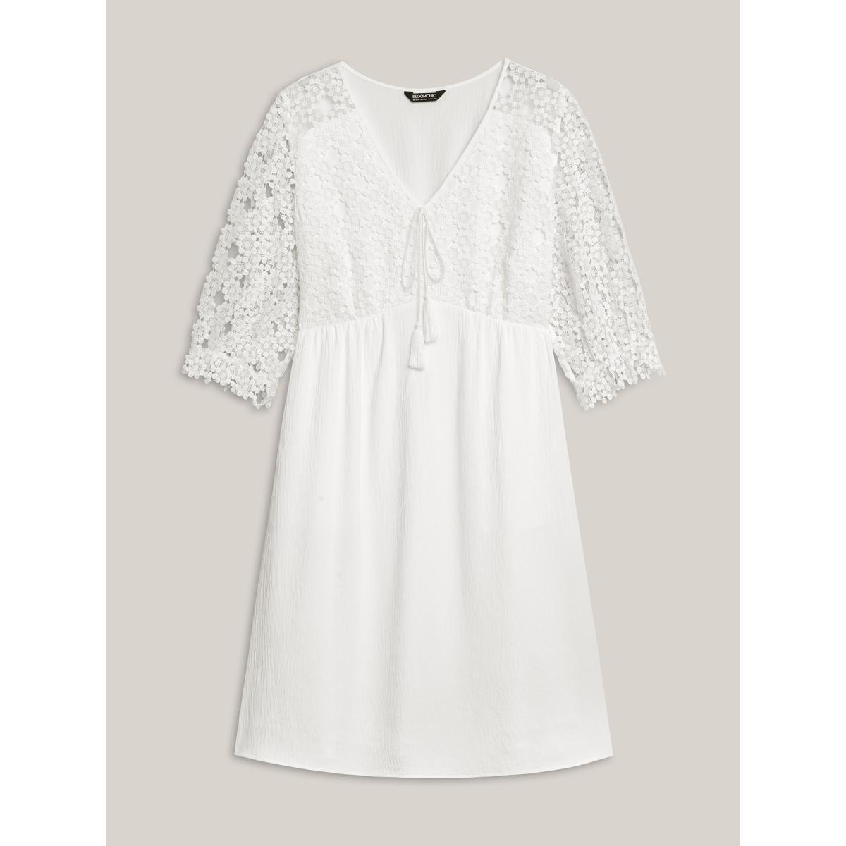 Plus Size Sheer Lace Sleeve Pockets Flowy Midi Dress Ivory Women V-neck Elbow-length sleeve Curvy BloomChic 28/5X Product Image