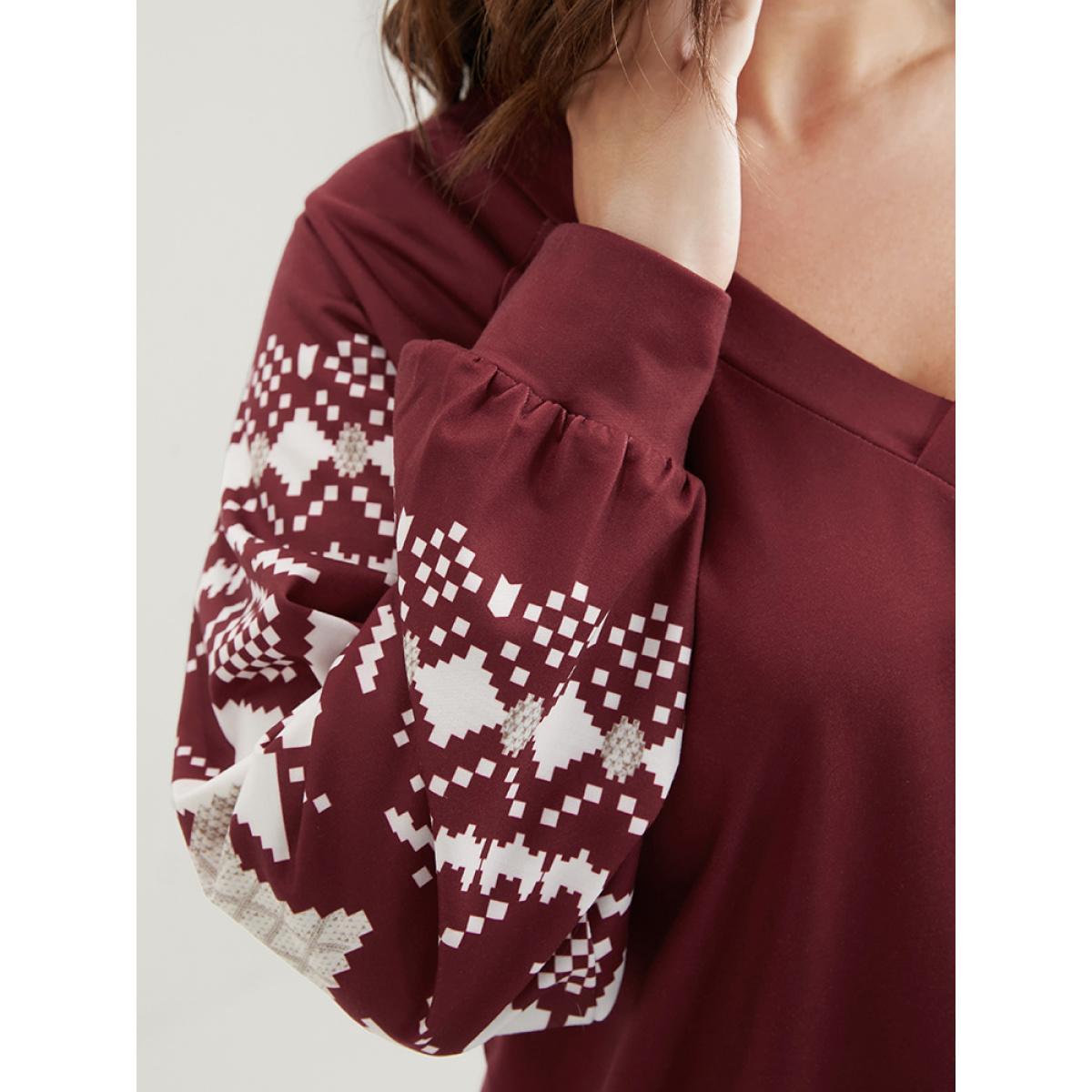 Plus Size Snowflake Print V Neck Drop Shoulder Sweatshirt Women Scarlet Casual Contrast V-neck Festival-Christmas Sweatshirts BloomChic 22-24/3X Product Image