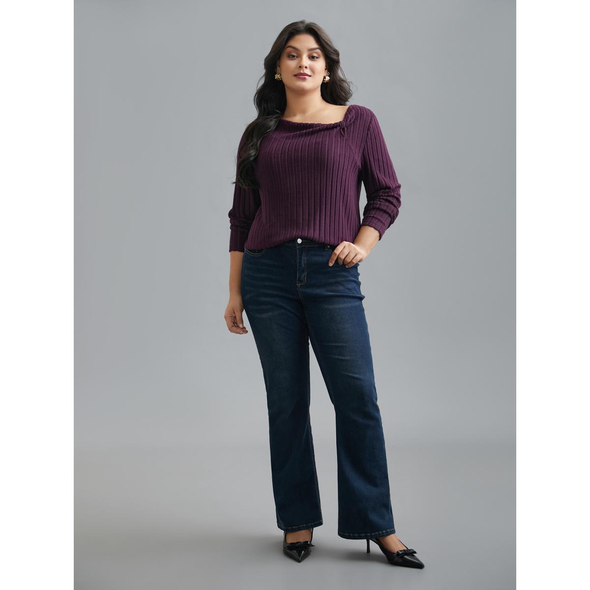 Plus Size Textured Twisted Asymmetric Neck T-Shirt Eggplant Women Elegant Twist Asymmetrical Neck Everyday T-shirts BloomChic 14-16/1X Product Image