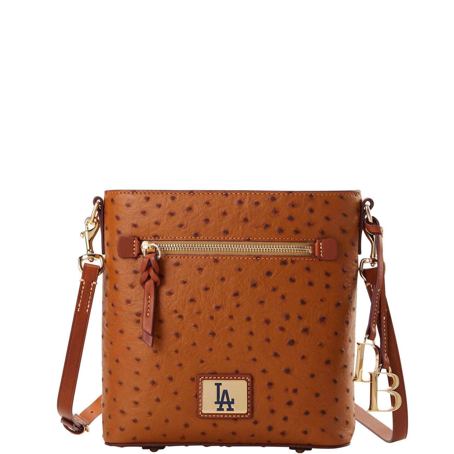 Dooney & Bourke Womens MLB Dodgers Zip Crossbody Coated Cotton Shoulder Bag in Caramel Product Image