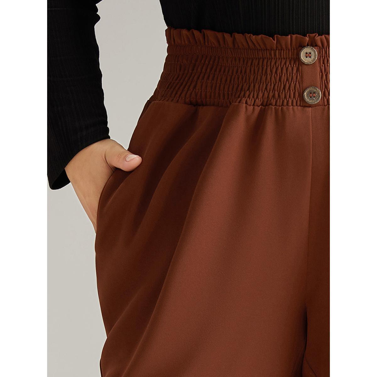 Plus Size Paperbag Waist Button Detail Shirred Pants Women Rust Office Wide Leg High Rise Work Pants BloomChic 26/4X Product Image