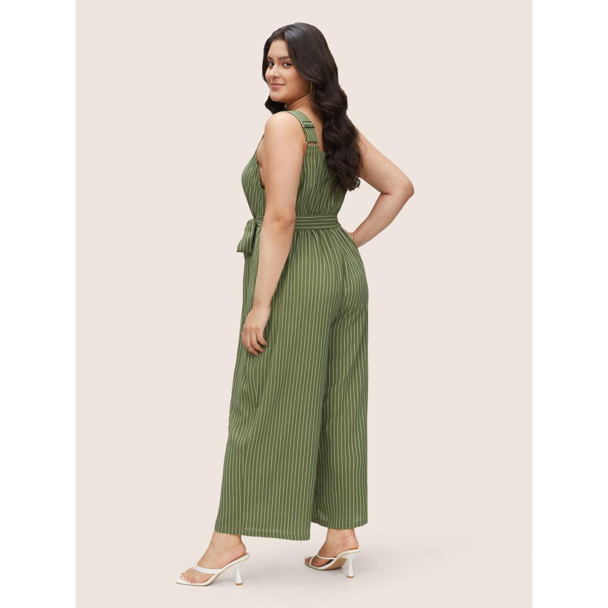 Plus Size Moss Striped Belted Elastic Waist Adjustable Straps Jumpsuit Women Casual Sleeveless Non Everyday Loose Jumpsuits BloomChic 14-16/1X Product Image