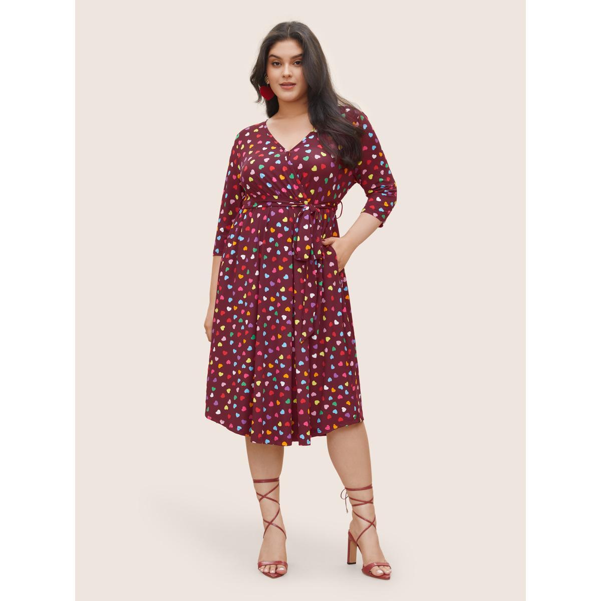 Plus Size Colored Heart Print Belted Overlap Collar Dress Burgundy Women Casual Belted Overlap Collar Elbow-length sleeve Curvy Midi Dress BloomChic 10/M Product Image