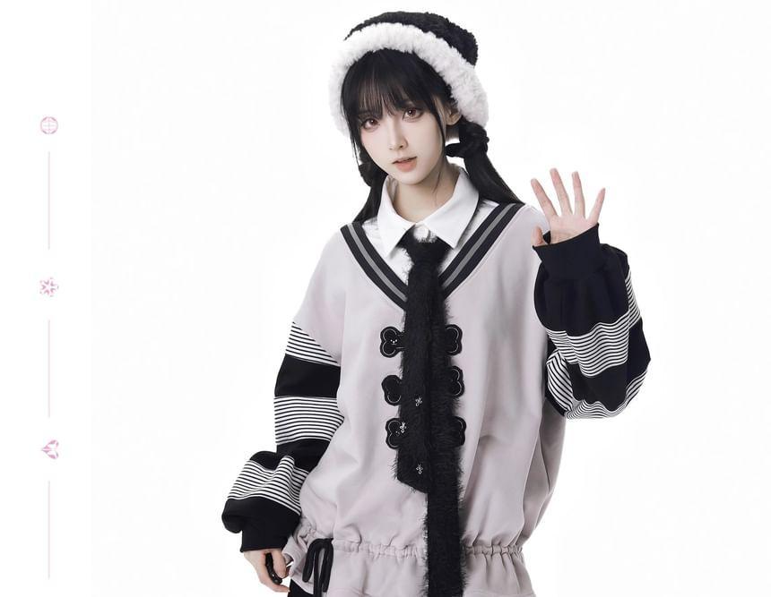 Long Sleeve Striped Applique Hood Asymmetrical Top with Necktie Product Image