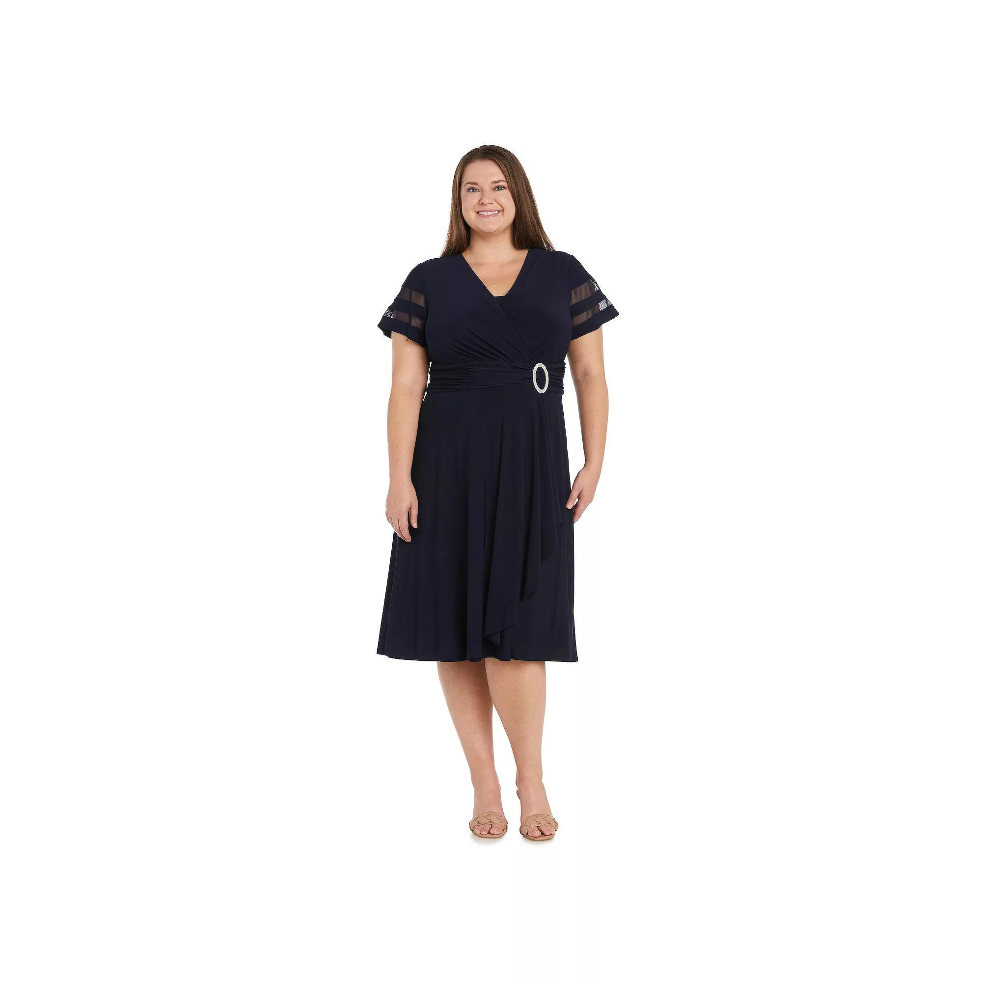 Plus Size R&M Richards Rhinestone Buckled Cascade Wrap Midi Dress, Women's, Size: 14 W, Blue Product Image