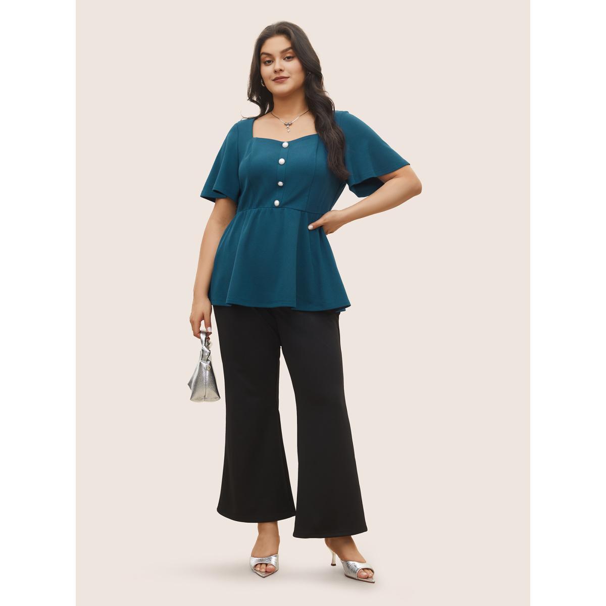 Plus Size Cerulean Plain Texture Square Neck Button Detail Blouse Women At the Office Short sleeve Square Neck Work Blouses BloomChic 26/4X Product Image