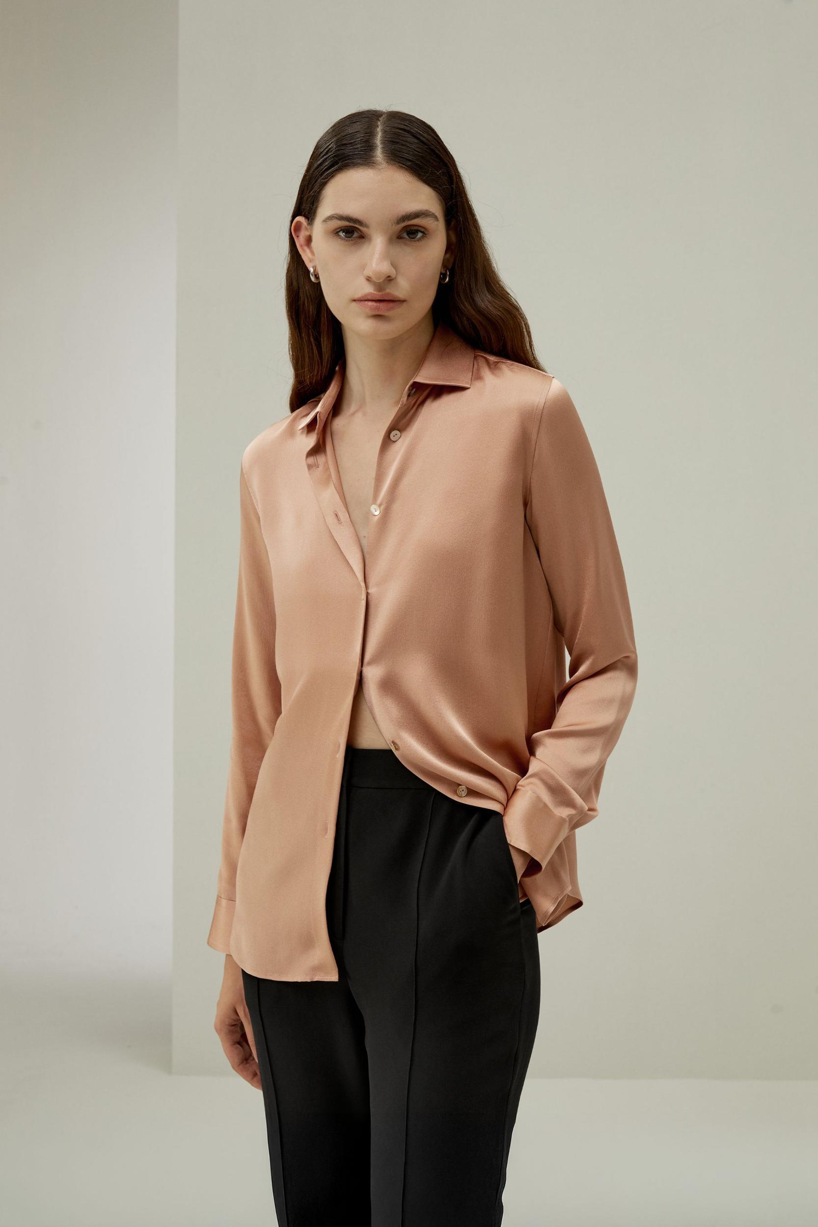 Minimalist Placket Silk Blouse with Shell Buttons Product Image