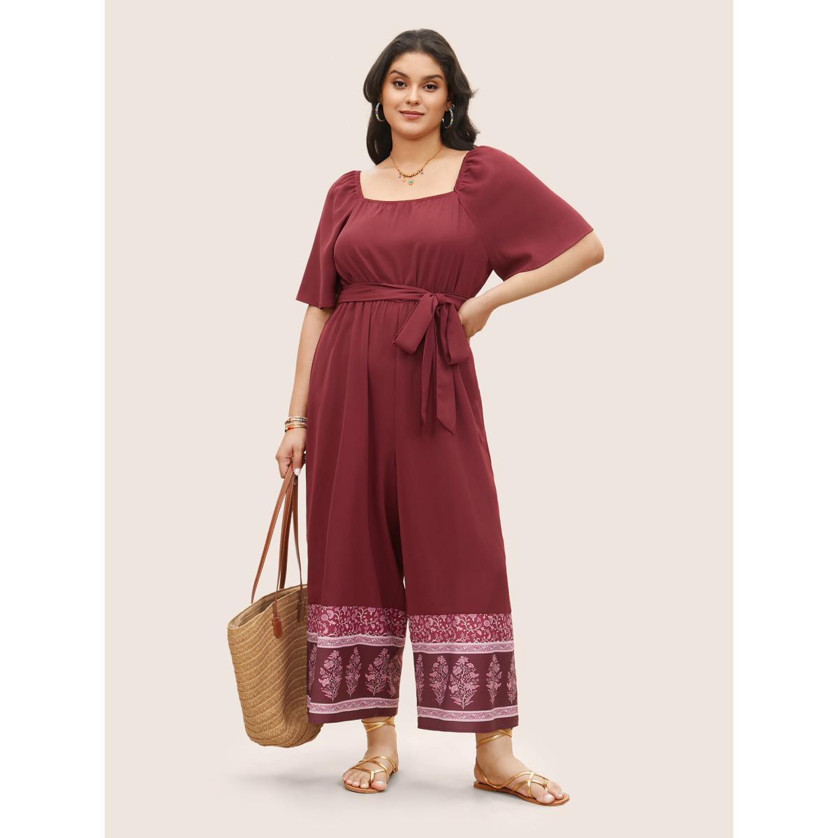 Plus Size Burgundy Bandana Print Gathered Belted Square Neck Jumpsuit Women Resort Short sleeve Square Neck Vacation Loose Jumpsuits BloomChic 22-24/3X Product Image