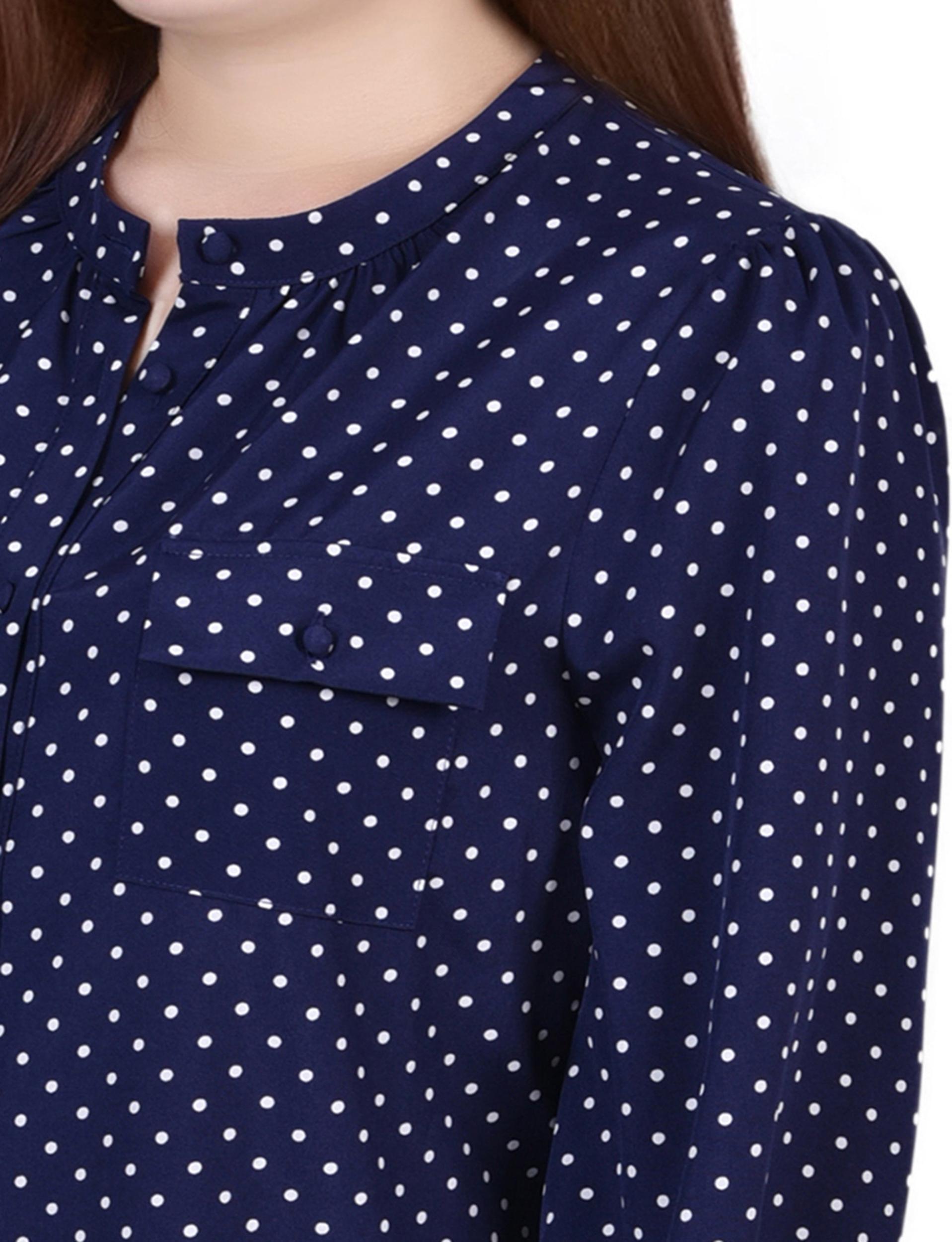 Blue Long Sleeve Button Front Blouse - Petite Product Image