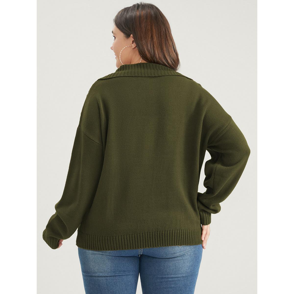 Plus Size Solid Pointelle Knit Button Lapel Collar Cable Knit Top DarkGreen Women Elegant Long Sleeve Lapel Collar Dailywear Pullovers BloomChic 22-24/3X Product Image