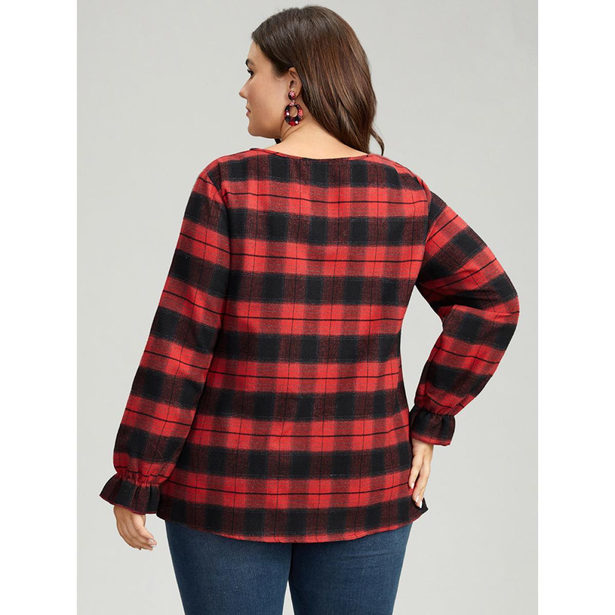 Plus Size Scarlet Plaid V Neck Lantern Sleeve Ruffles Blouse Women Elegant Long Sleeve V-neck Festival-Christmas Blouses BloomChic 30/6X Product Image