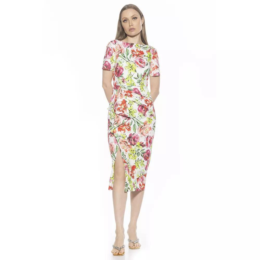 Women's ALEXIA ADMOR Zayd Boatneck Midi Sheath Dress With Front Ruffle, Size: Small, Large Floral Product Image