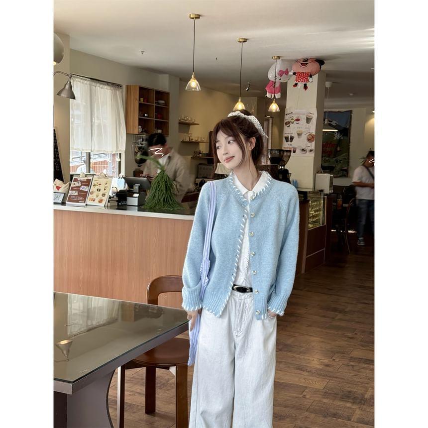 Round Neck Melange Contrast Stitching Cardigan Product Image