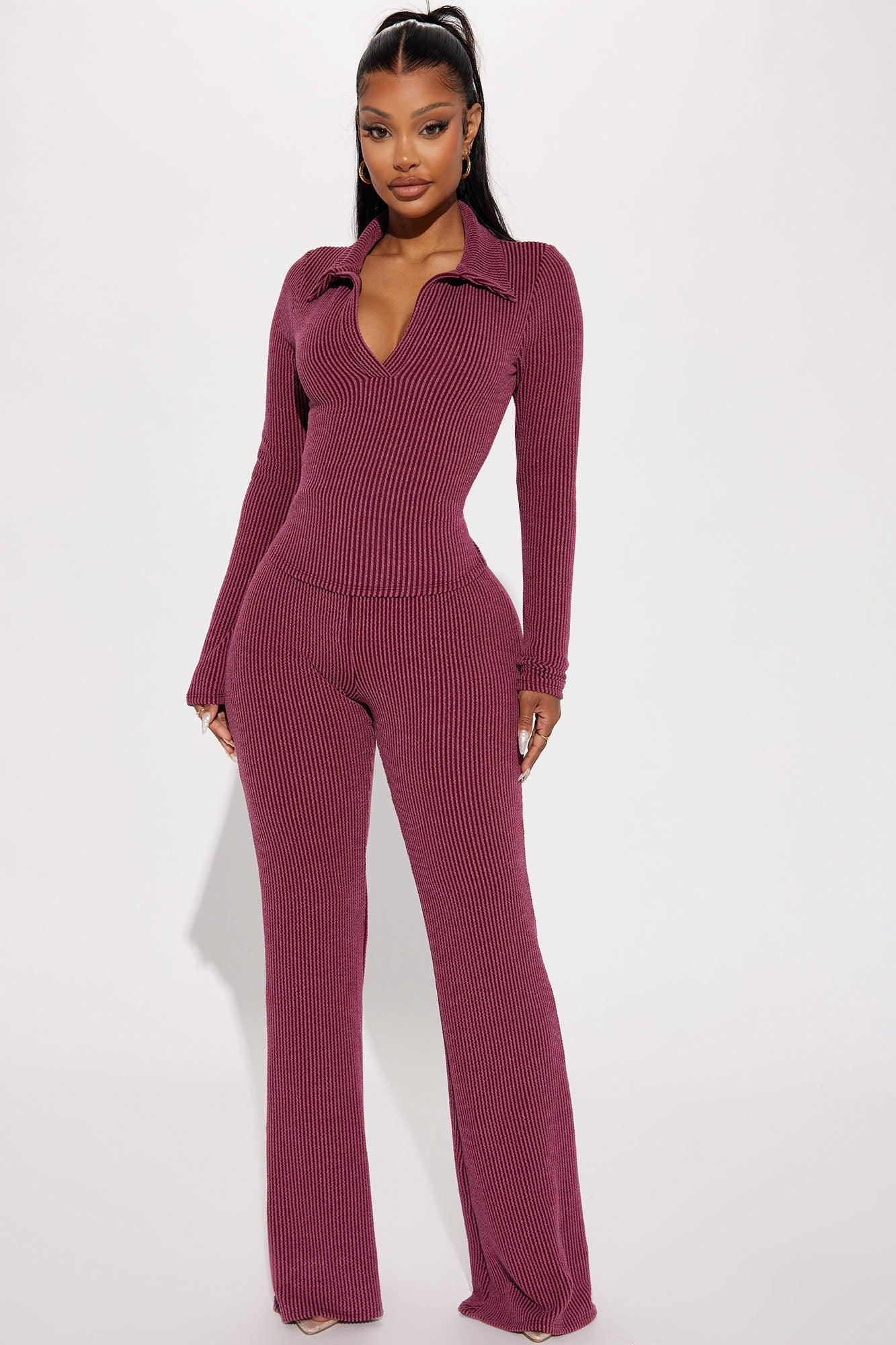 Josie Ribbed Long Sleeve Set - Burgundy Product Image