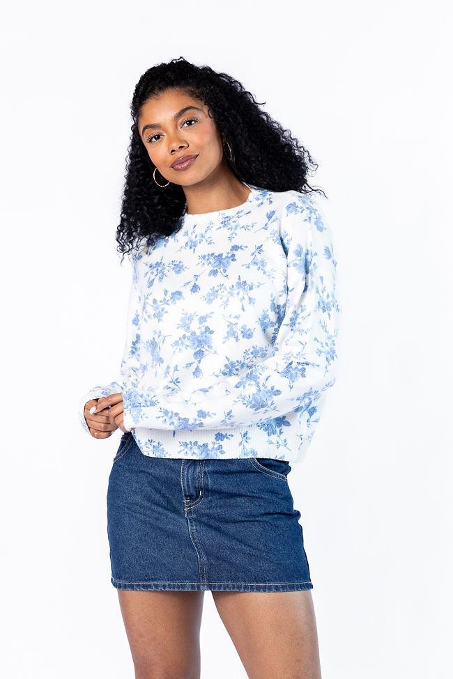 Blooming Love Blue Crew Neck Floral Sweater FINAL SALE Product Image