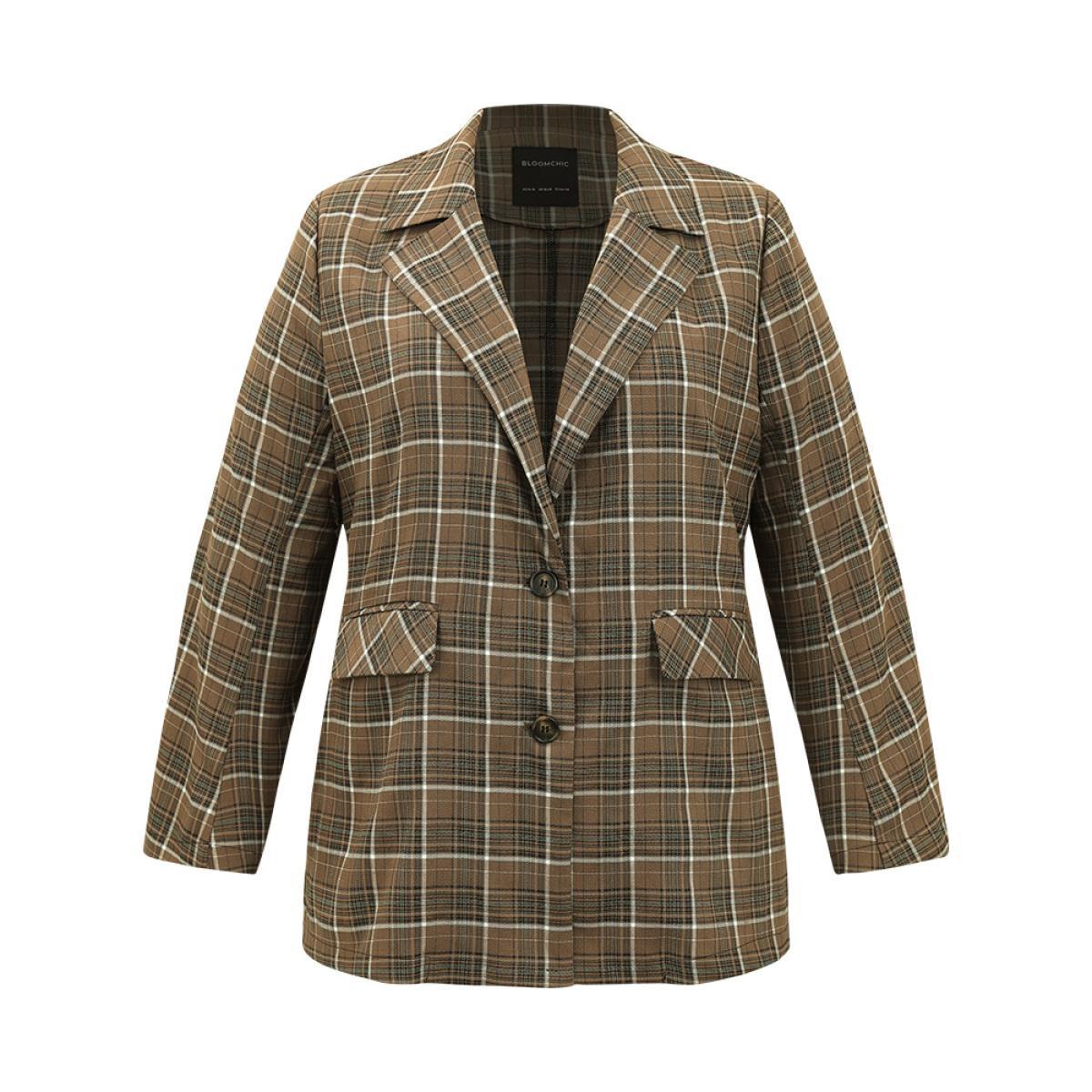 Plus Size Plaid Flap Pocket Button Through Blazer Bronze Women Work Plaid Contrast Sleeve Long Sleeve Lapel Collar 22-24/3X Pocket Office Blazers BloomChic Product Image