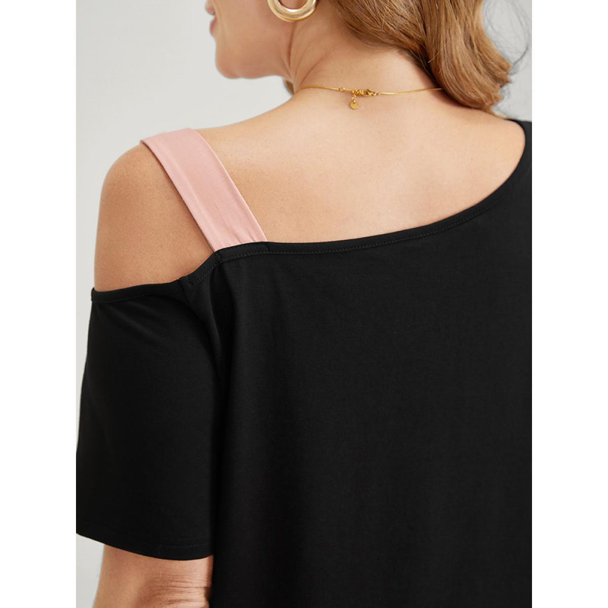 Plus Size Two Tone Asymmetrical Neck T-shirt Black Women Elegant Contrast Colorblock Asymmetrical Neck Dailywear T-shirts BloomChic 22-24/3X Product Image
