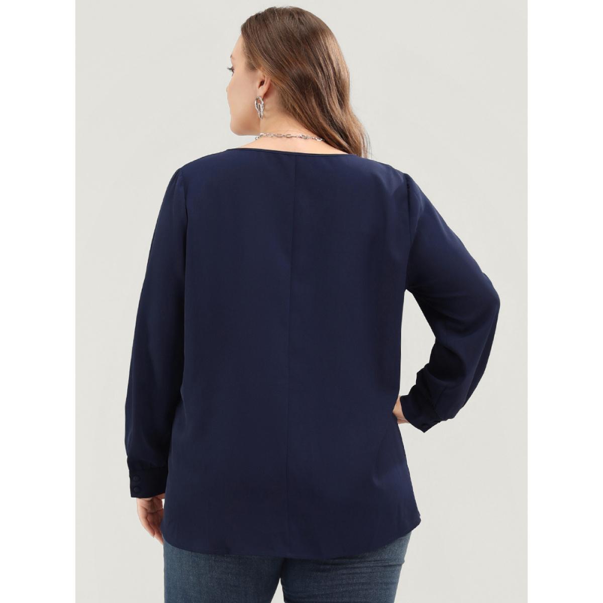 Plus Size Indigo Solid Button Detail Gathered V Neck Blouse Women Elegant Long Sleeve V-neck Dailywear Blouses BloomChic 28/5X Product Image