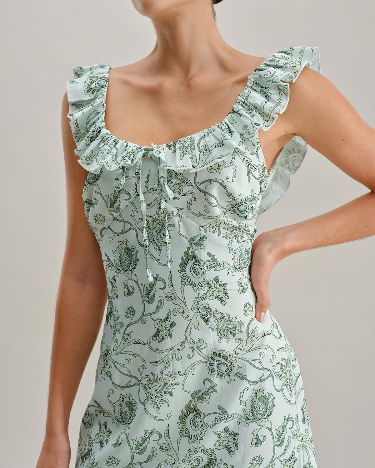 Green Floral Square Neck Ruched Midi Dress Product Image