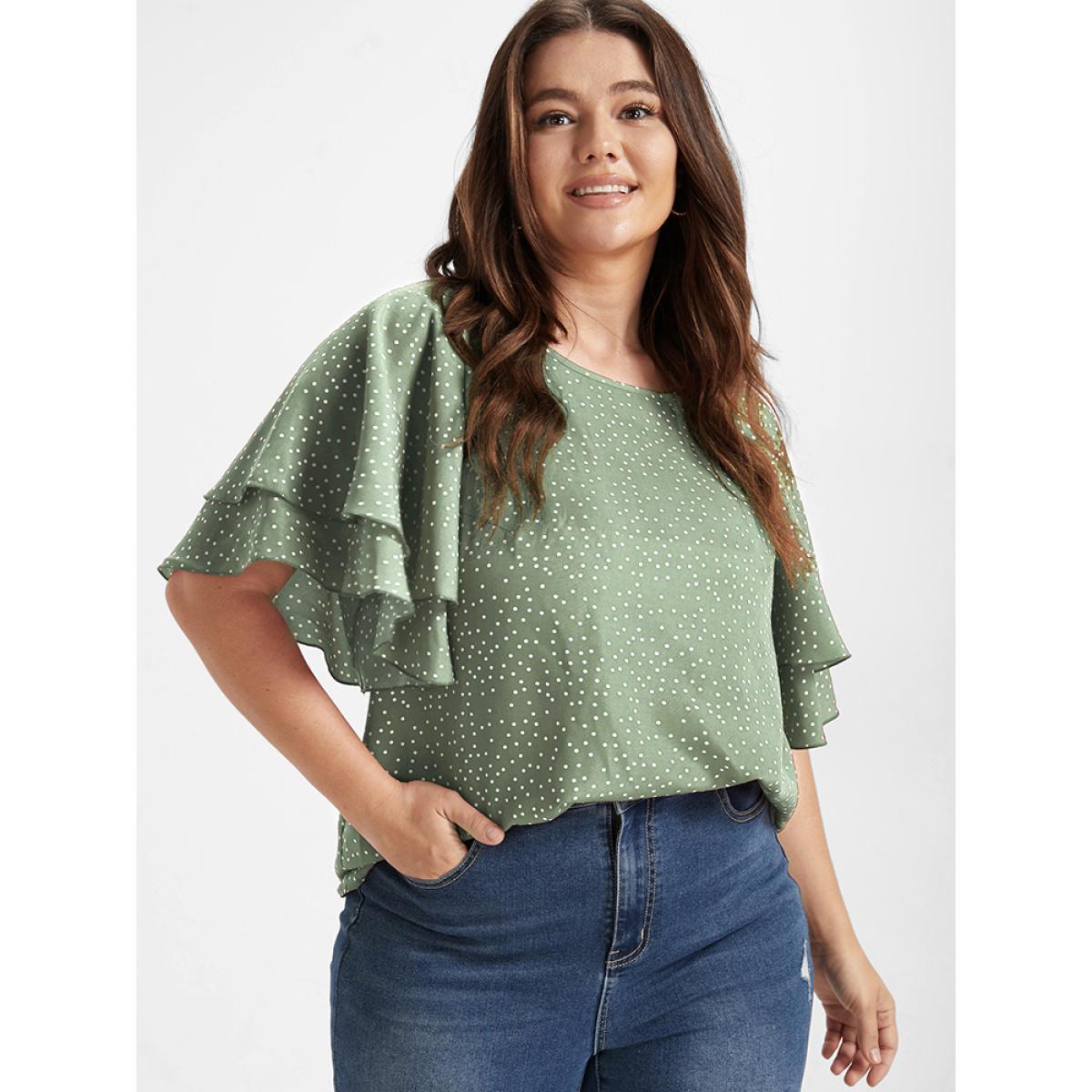 Plus Size LightGreen Polka Dot Ruffle Tiered Sleeve Blouse Women Elegant Short sleeve Round Neck Dailywear Blouses BloomChic 26/4X Product Image