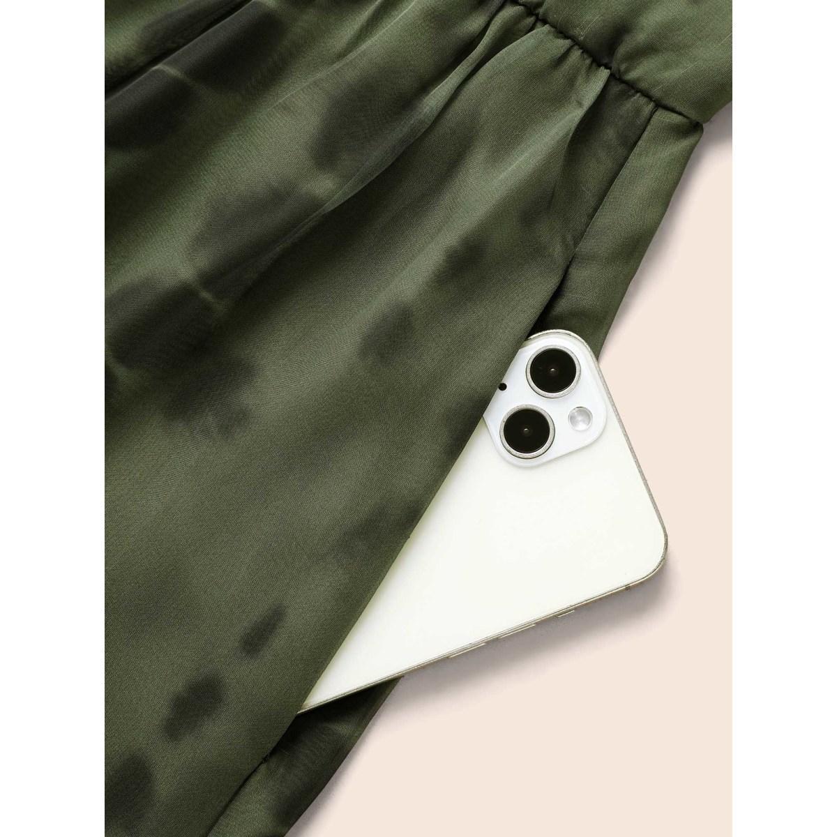 Plus Size Geometric Mesh Lantern Sleeve Midi Dress ArmyGreen Women At the Office See through V-neck Long Sleeve Curvy BloomChic 10/M Product Image
