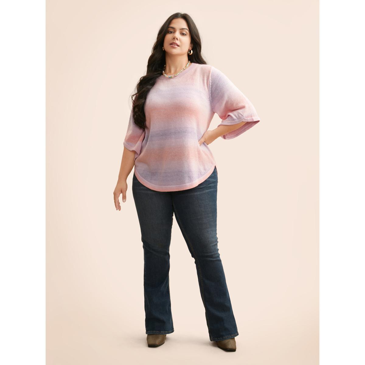 Plus Size Ombre Round Neck Curved Hem Pullover Blush Women Casual Loose Elbow-length sleeve Round Neck Everyday Pullovers BloomChic 12/L Product Image