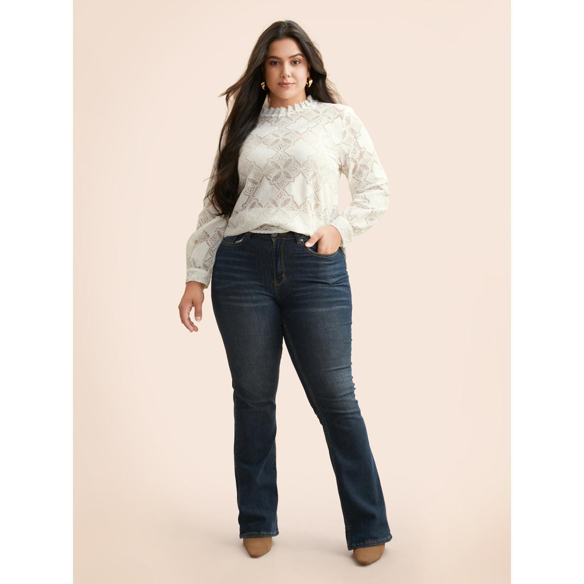 Plus Size Ivory Lace Panel Mesh Stand Collar Blouse Women Elegant Long Sleeve Stand-up collar Everyday Blouses BloomChic 10/M Product Image