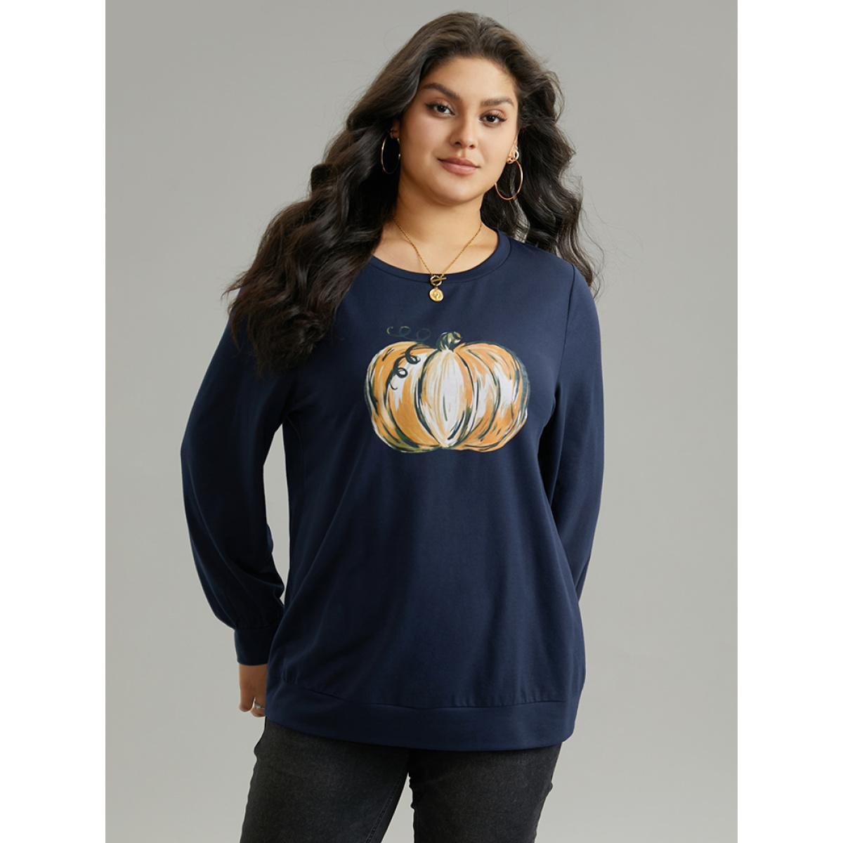Plus Size Round Neck Pumpkin Print Sweatshirt Women Indigo Casual Printed Dailywear Sweatshirts BloomChic 18-20/2X Product Image