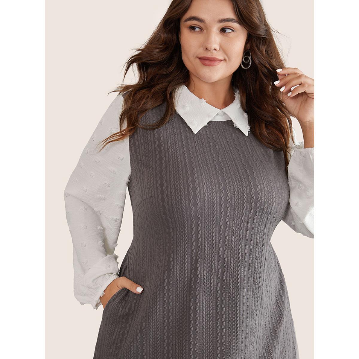 Plus Size Peter Pan Collar Contrast Textured Patchwork Dress Gray Women Office Elastic cuffs Peter Pan Collar Long Sleeve Curvy Midi Dress BloomChic 12/L Product Image