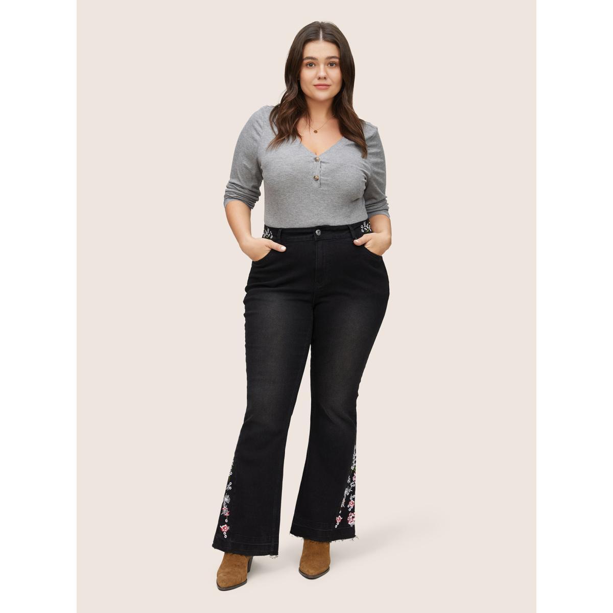 Plus Size Floral Embroidered Raw Hem Bootcut Jeans Women Black Elegant Plants Non High stretch Slanted pocket Jeans BloomChic 30/6X Product Image