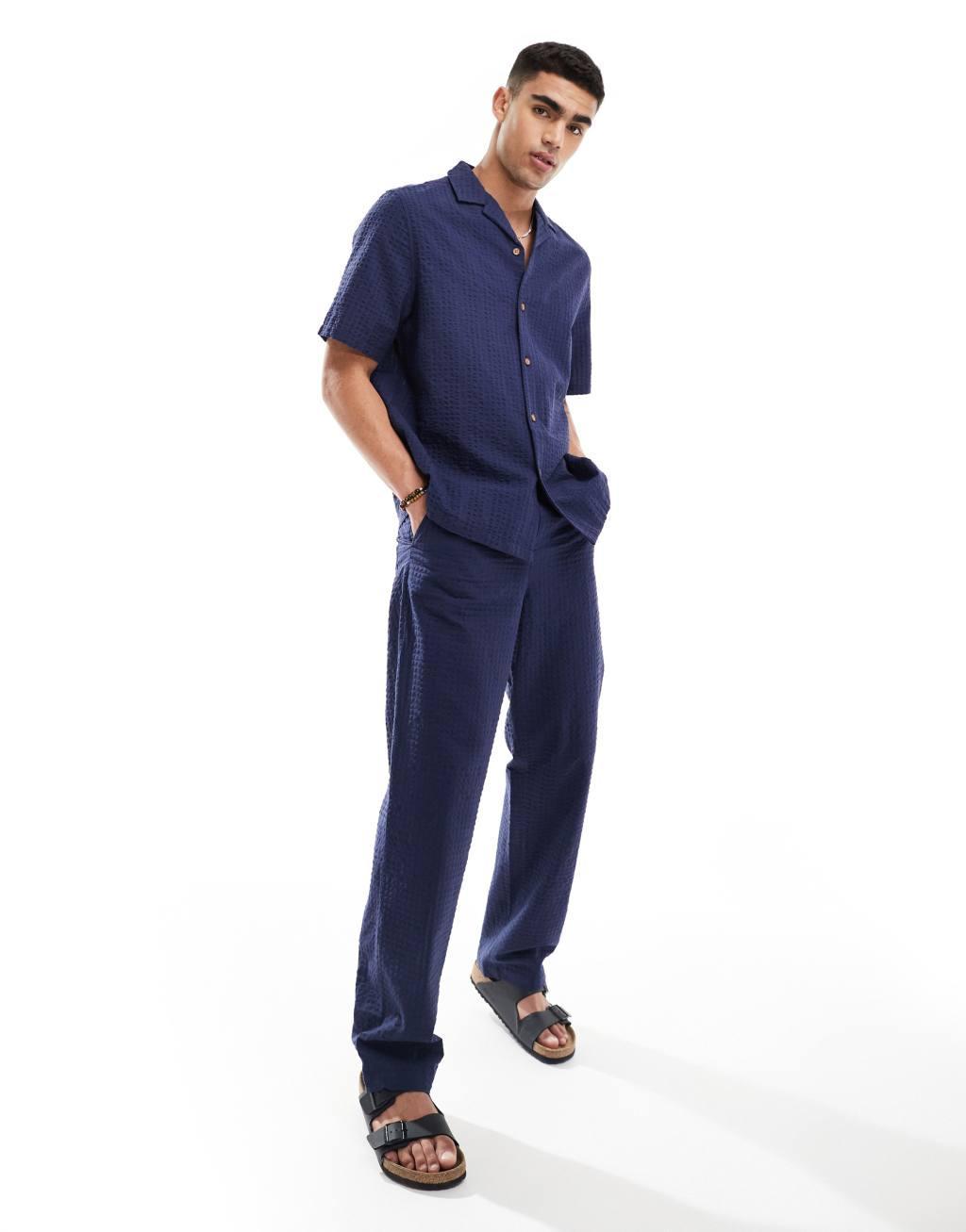 ASOS DESIGN 90s oversized short sleeve shirt in seersucker texture in navy - part of a set Product Image