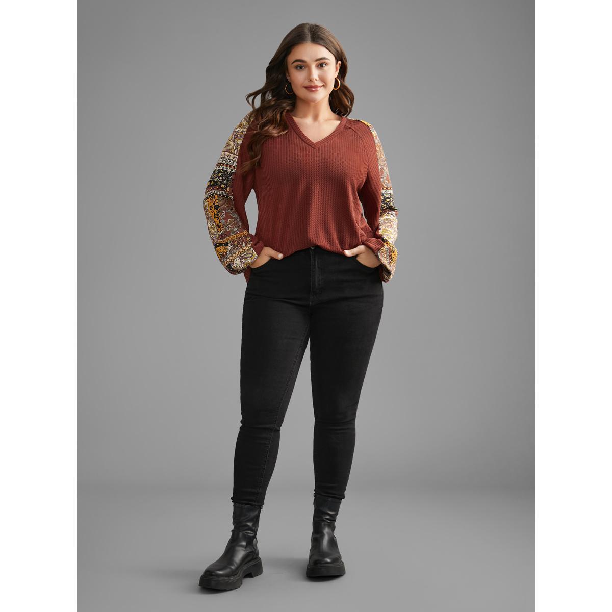 Plus Size Bandana Patchwork Waffle Knit T-shirt Maroon Women Casual Texture V-neck Loose Everyday T-shirts BloomChic 22-24/3X Product Image
