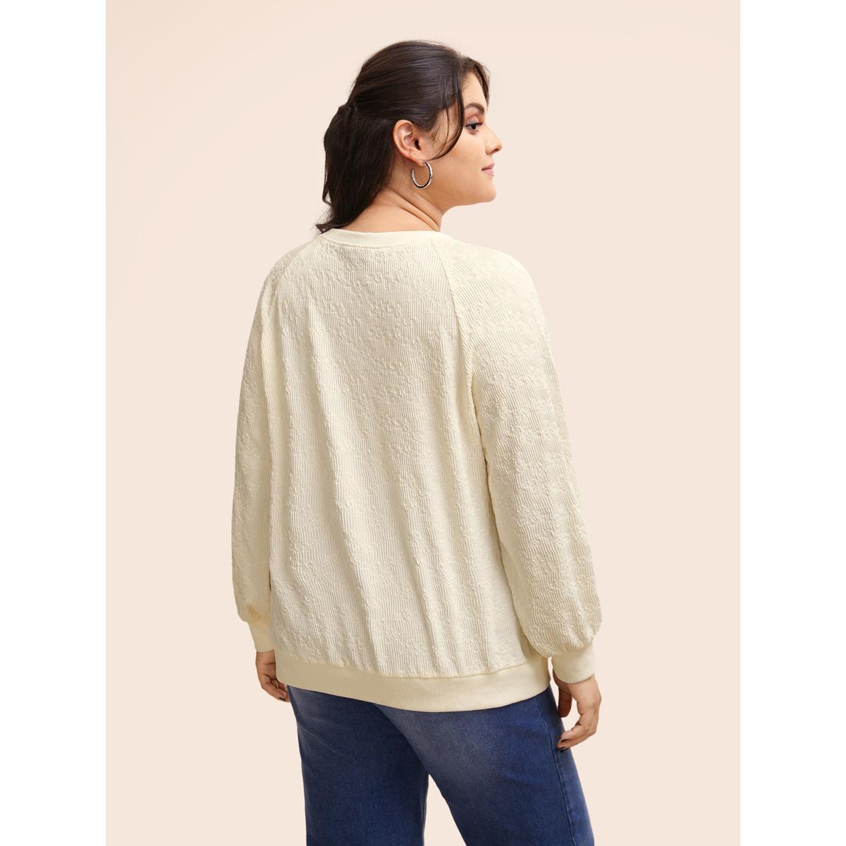 Plus Size Crew Neck Plain Textured Raglan Sleeve Sweatshirt Women Beige Elegant Texture Round Neck Everyday Sweatshirts BloomChic 28/5X Product Image