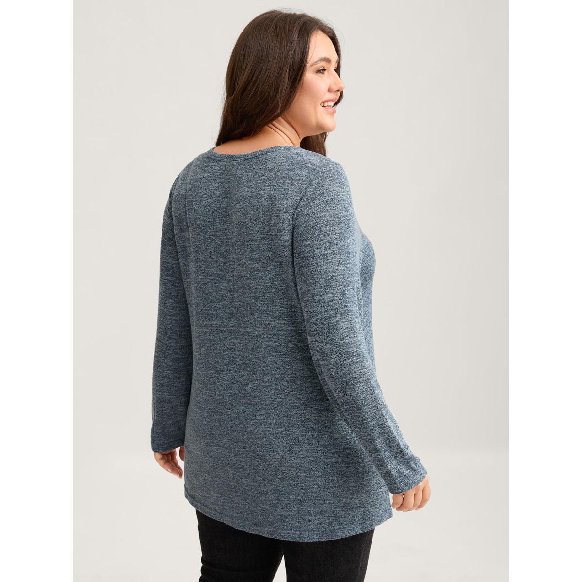Plus Size Heather Button Up Long Sleeve T-shirt Cerulean Women Casual Heather Plain Everyday T-shirts BloomChic 10/M Product Image