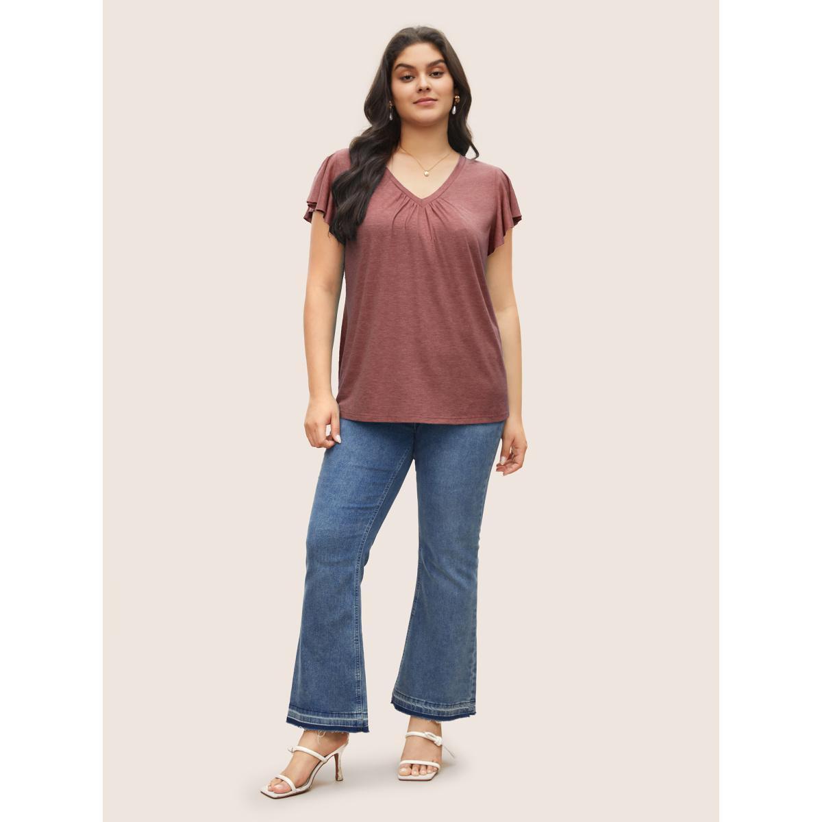 Plus Size Solid Heather Gathered Ruffle Sleeve T-shirt Russet Women Elegant Non V-neck Everyday T-shirts BloomChic 14-16/1X Product Image