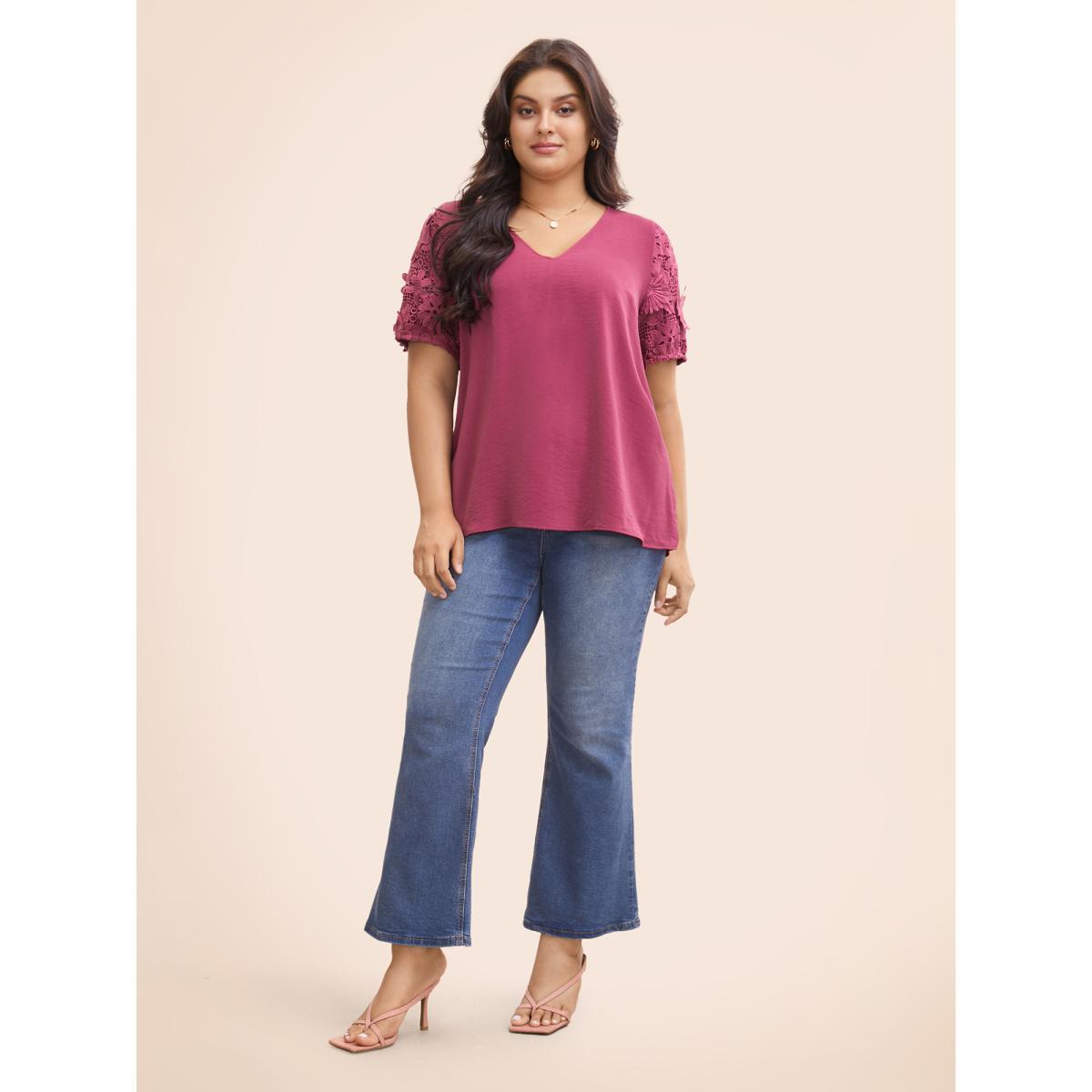 Plus Size RedViolet V Neck Lace Panel Slit Hem Blouse Women Elegant Long Sleeve V-neck Everyday Blouses BloomChic 26/4X Product Image