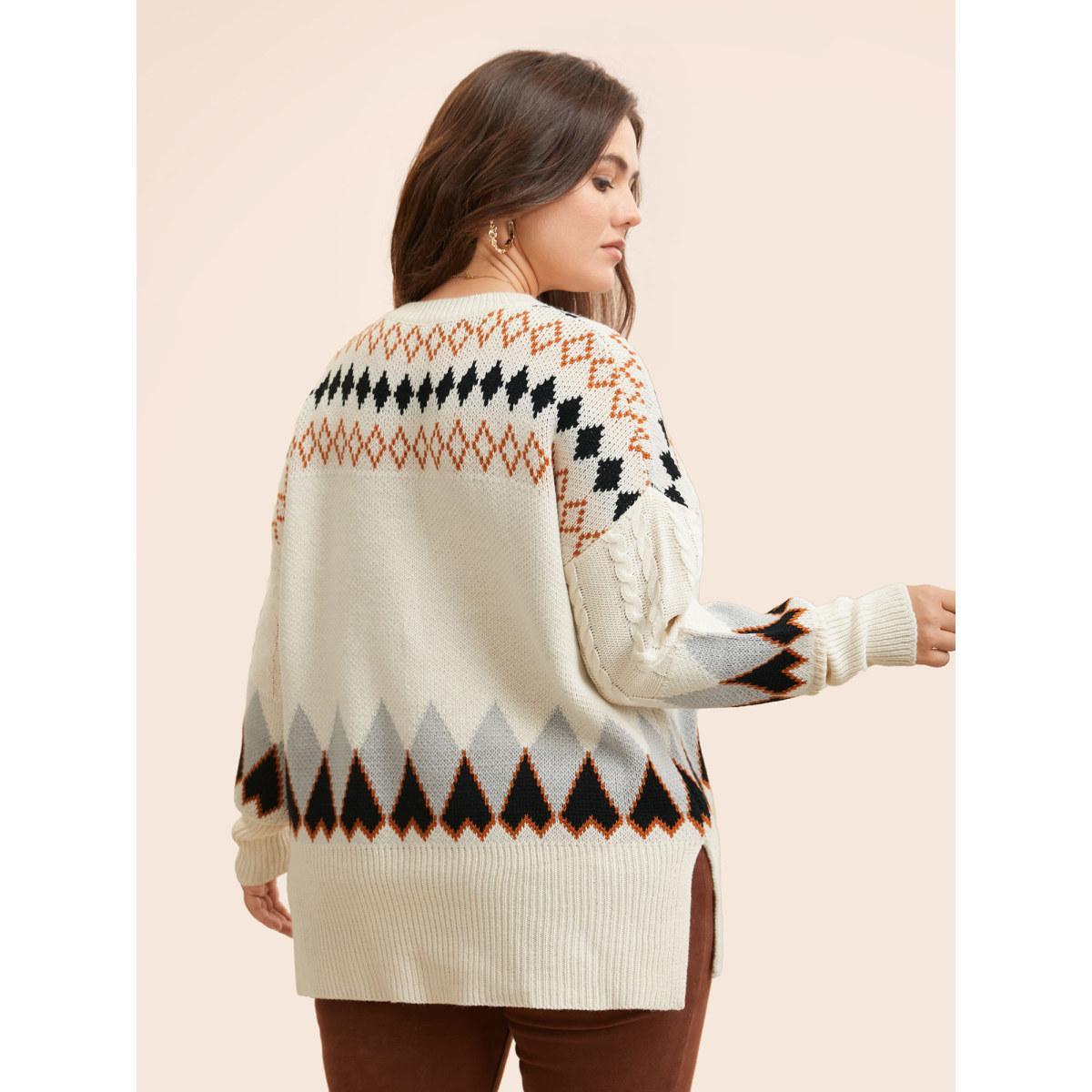Plus Size Fair Isle Crew Neck Split Hem Pullover Beige Women Casual Long Sleeve Round Neck Everyday Pullovers BloomChic 22-24/3X Product Image