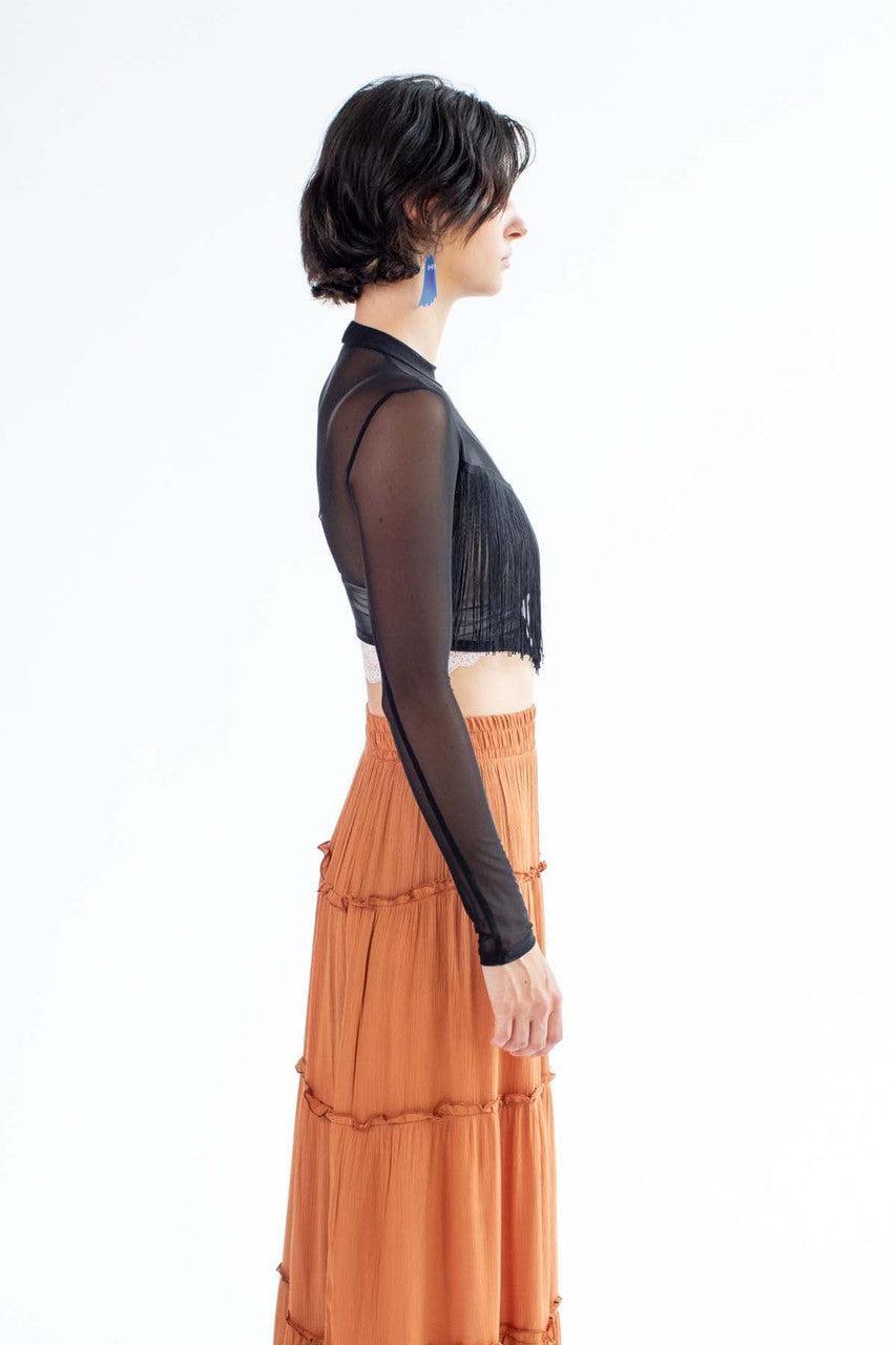 Black Long Sleeve Fringe Trim Mesh Top Product Image