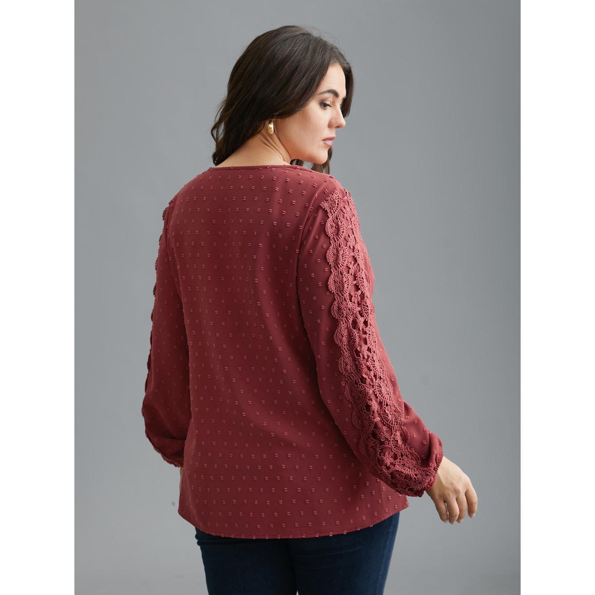 Plus Size Russet Lace Trim V-Neck Textured Blouse Women Elegant Long Sleeve V-neck Everyday Blouses BloomChic 14-16/1X Product Image