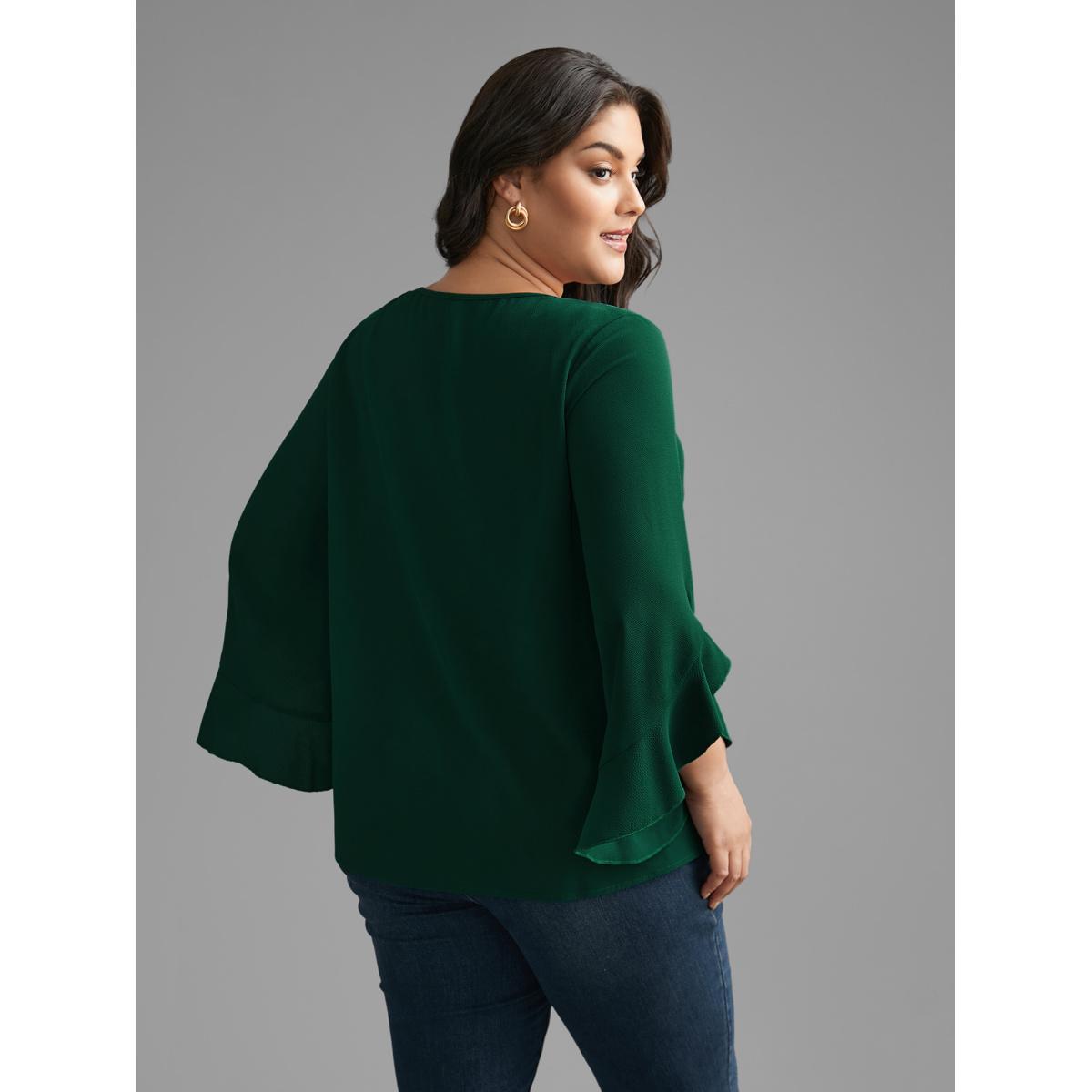 Plus Size Emerald Solid Keyhole Ruffle Sleeve Blouse Women Elegant Extra Long Sleeve Round Neck Everyday Blouses BloomChic 18-20/2X Product Image