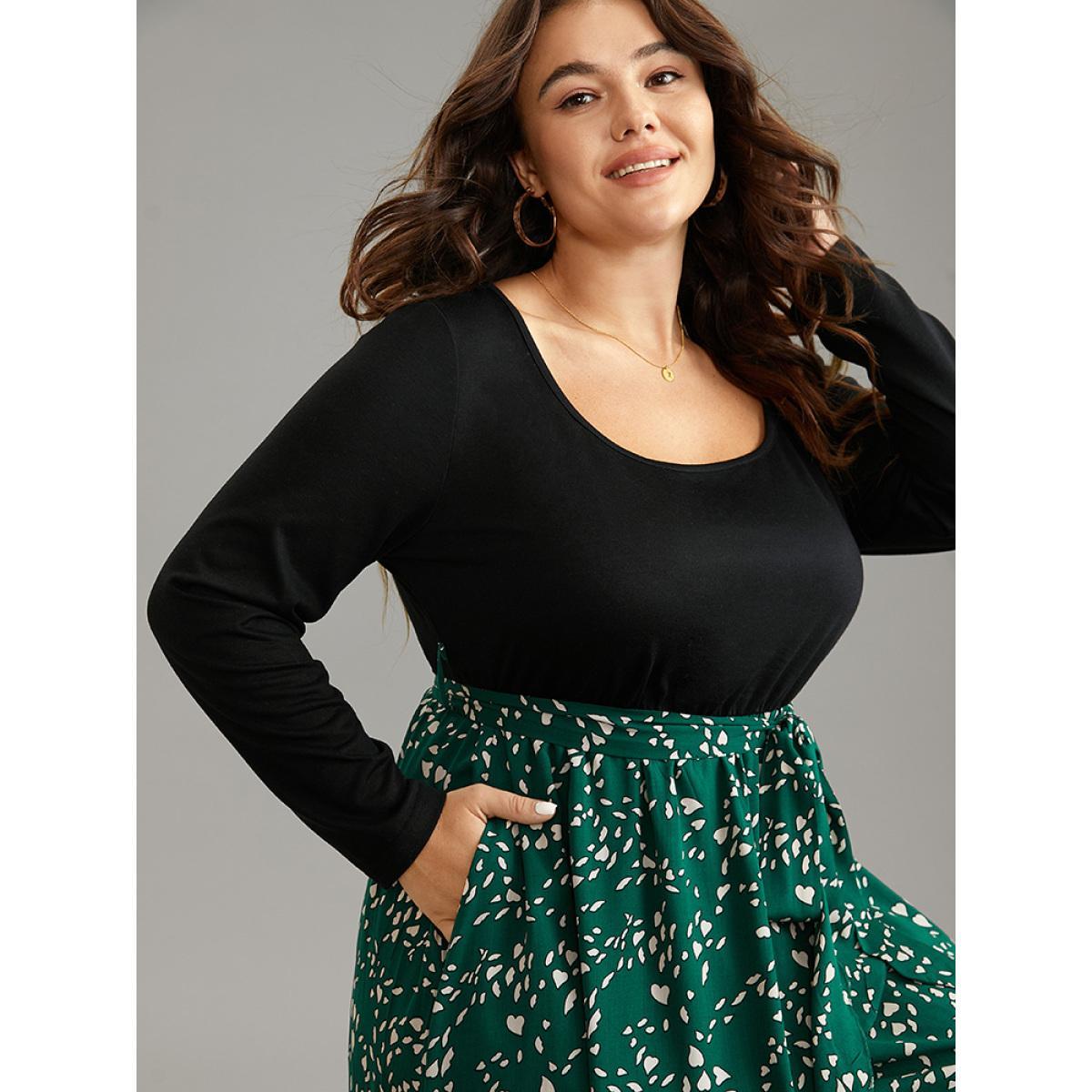 Plus Size Heart Patchwork Square Neck Belted Arc Hem Dress Emerald Women Elegant Belted Square Neck Long Sleeve Curvy Midi Dress BloomChic 12/L Product Image