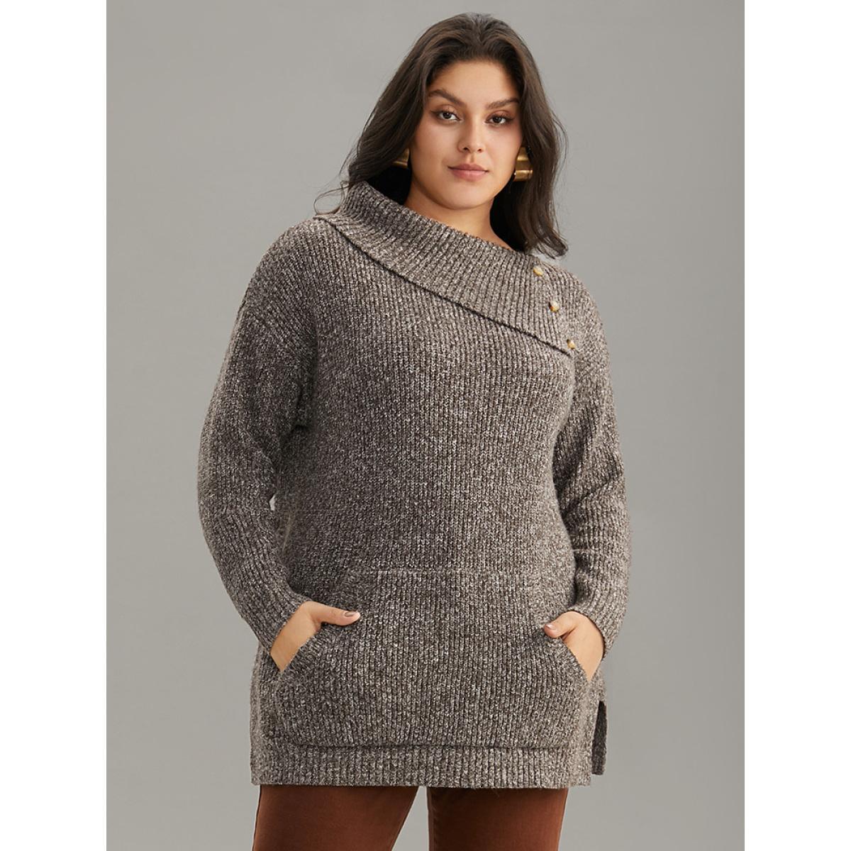Plus Size Heather Split Hem Asymmetrical Button Detail Pullover DarkBrown Women Casual Loose Long Sleeve Asymmetrical Neck Dailywear Pullovers BloomChic 18-20/2X Product Image